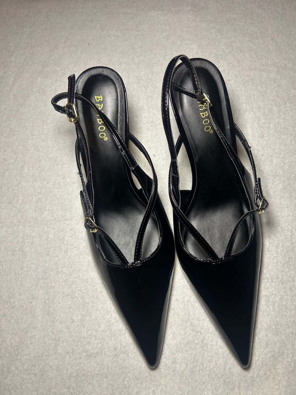 BAMBOO Black Patent Leather Pointed Toe Slingback Heels